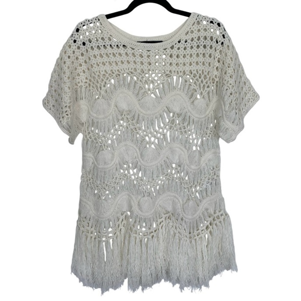 DENIM 24/7 Women’s Cream Sweater Detailed Soft Crochet Fringe Short Sleeve L